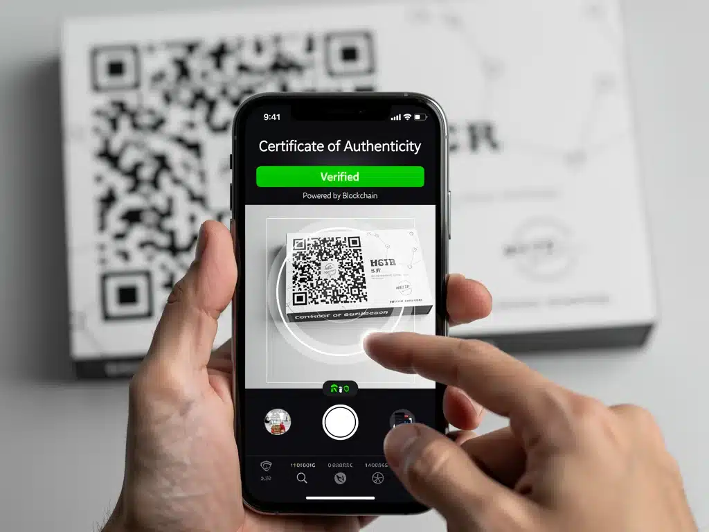 Persona escaneando un código QR para consultar información digital de autenticidad y trazabilidad de un producto.