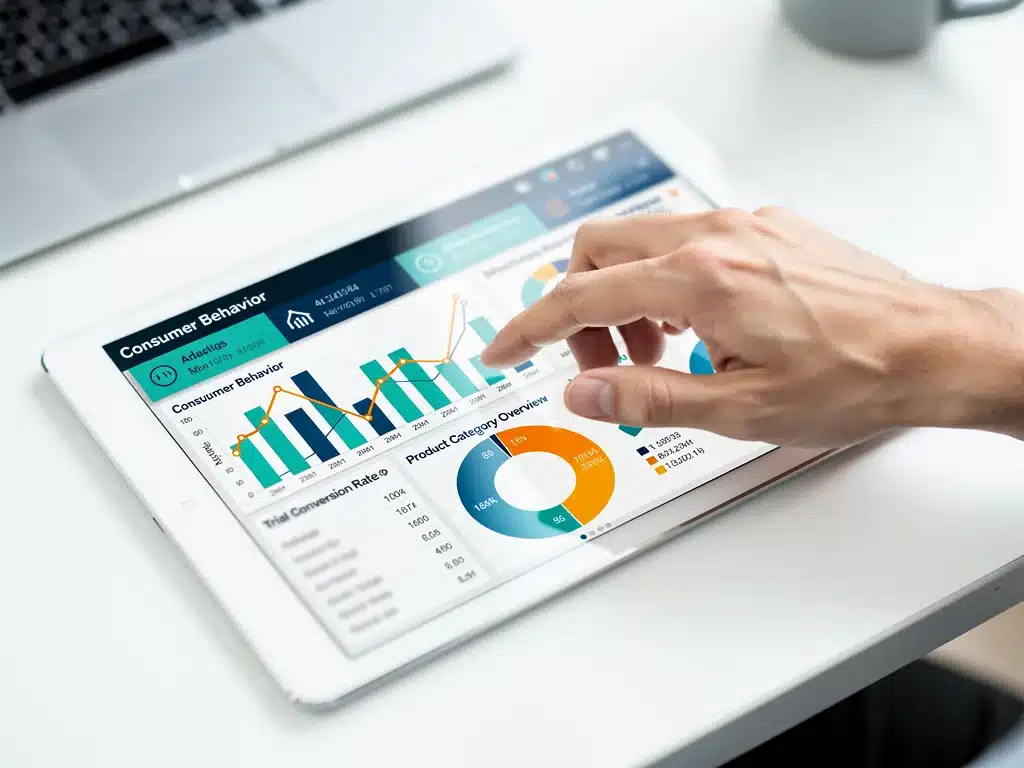 Persona analizando datos de comportamiento del consumidor en una tableta, enfocado en tasas de conversión de pruebas gratuitas.