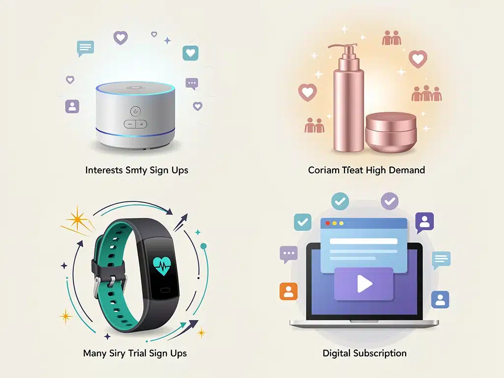 Iconos representando las cuatro categorías de productos más demandadas en pruebas gratuitas, con alto interés del consumidor.