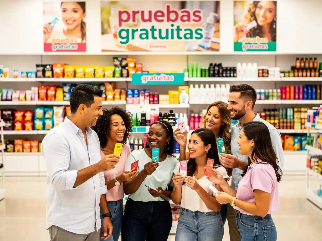 Consumidores felices probando productos gratuitos en una tienda minorista.